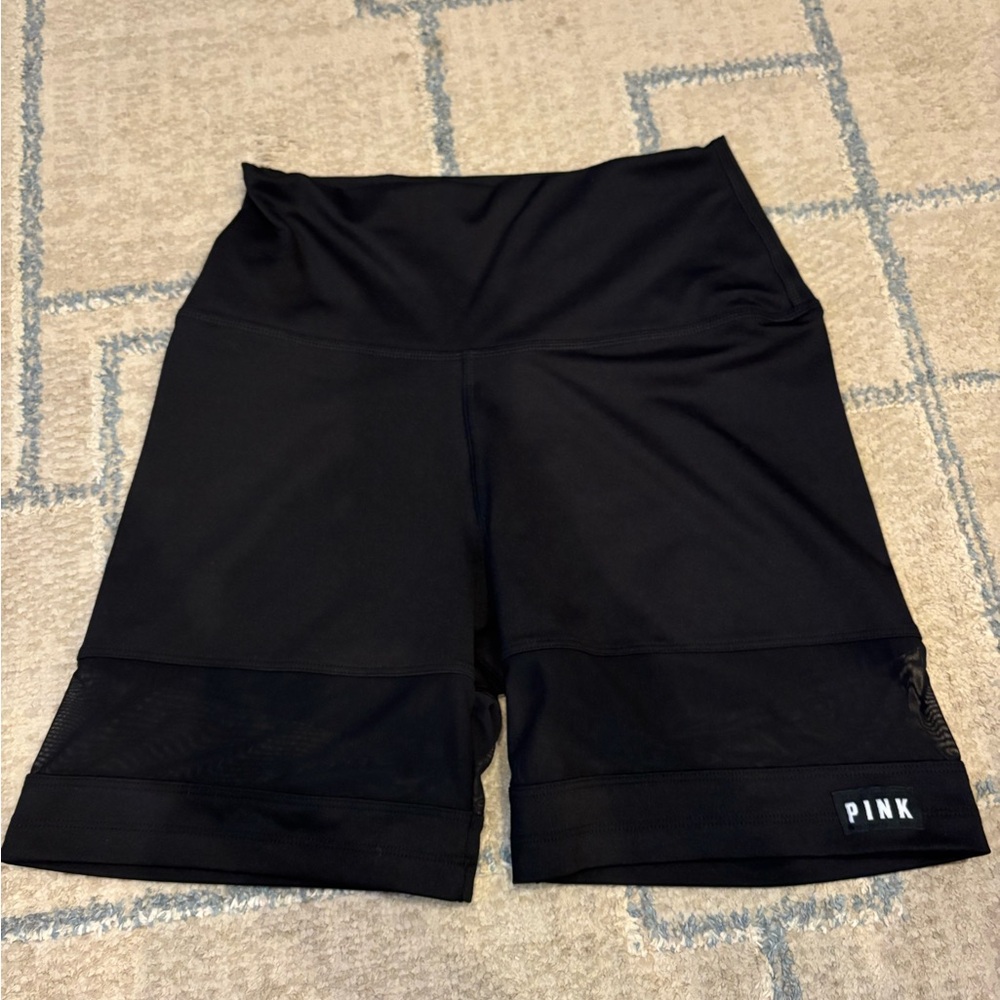 PINK Victoria's Secret Black High-Rise Mesh Panel Bike Shorts -mesh thigh